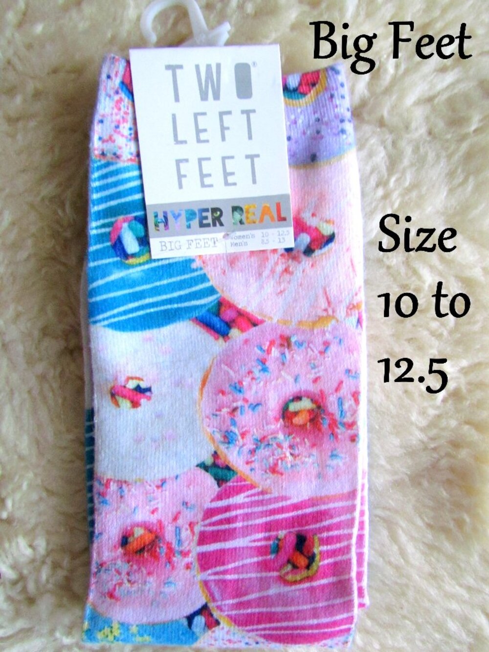 WOMEN'S SOCKS, LARGE Sz 10-12.5, FROSTED DONUT DESIGN by TWO LEFT FEET, BIG FEET